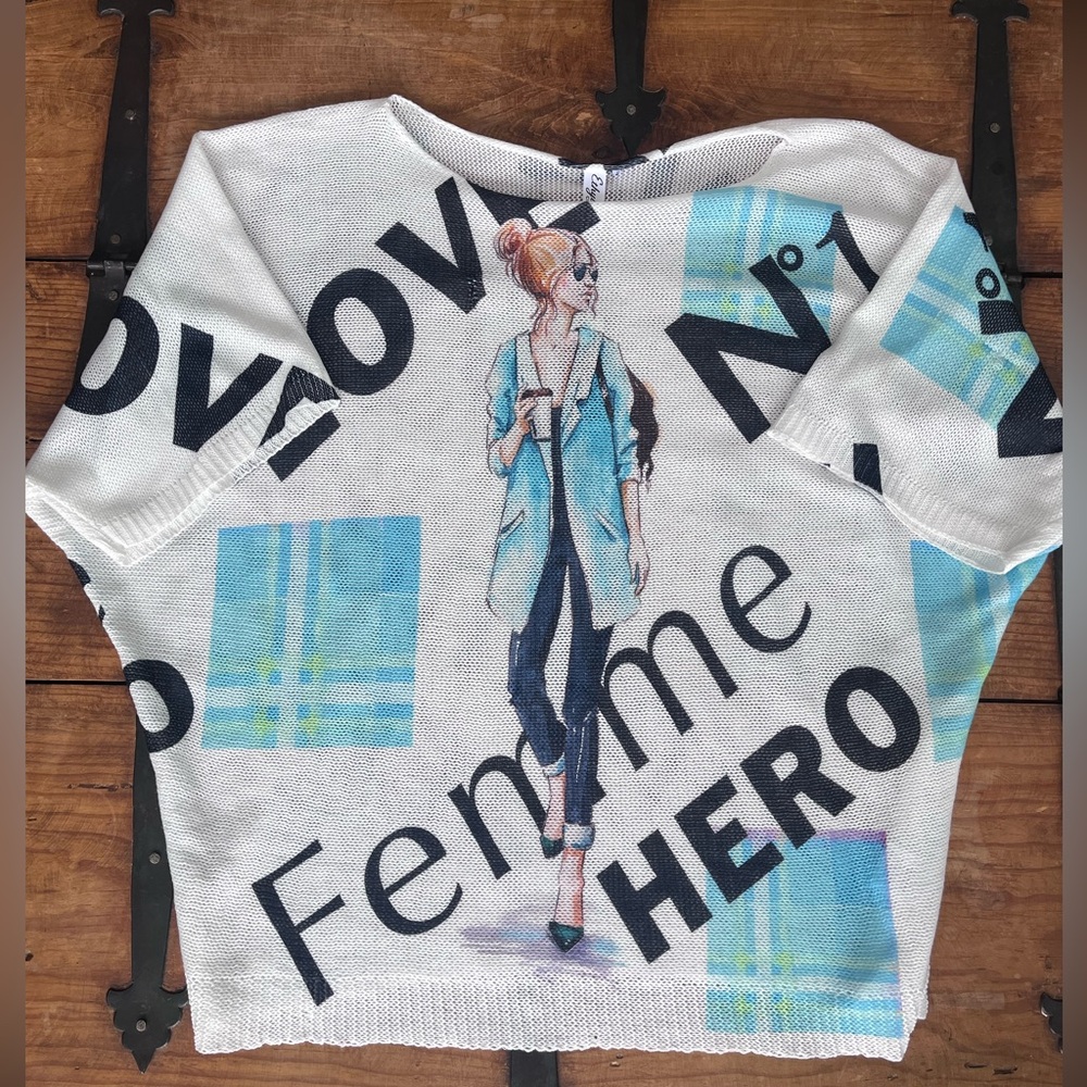 Femme Hero Graphic Knit Sweater in White & Light Blue